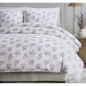 Shabby Chic 100% Cotton Floral Woven KING Size Duvet Set White Rose Pink Fringe